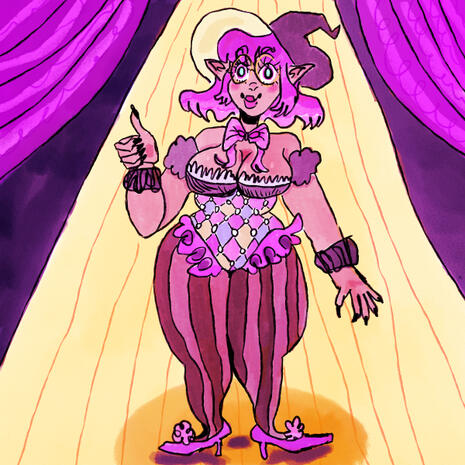 Drawing of @simplywitches character Moira, in a circus spotlight.