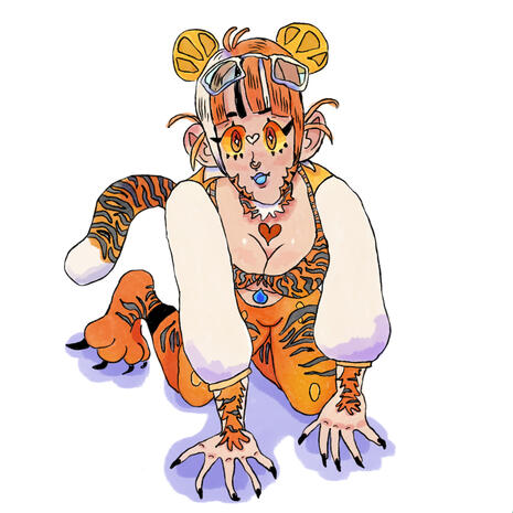 Drawing of @percivores , A tiger vtuber on all fours.