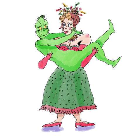 A drawing of Martha May Whovier and the Grinch from the live action movie, in a dr seuss like style.
