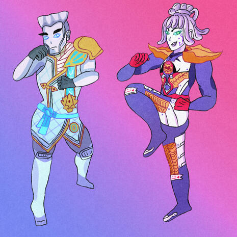 Drawing of Pixal and Zane from Ninjago in fighter poses.