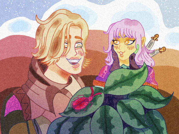 Drawing of my hunter from Monster hunter rise, fawning over Erik, who is looking at a beetle and smiling.