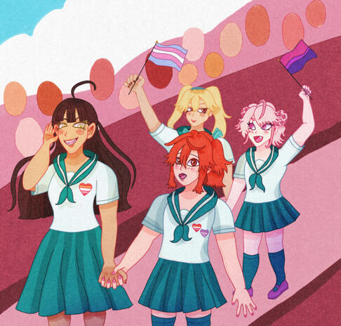 Drawing of characters from "The cross dressing boy who wants to take off his skirt" in a pride parade.