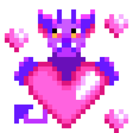 Pixel emote of a purple dragon with hearts